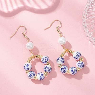 Printed Porcelain Round Dangle Earrings EJEW-JE06838-02-1
