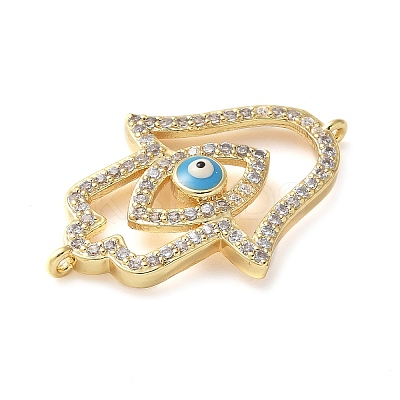 Brass Micro Pave Cleear Cubic Zirconia Evil Eye Hamsa Hand Connector Charms KK-C086-15A-G-1