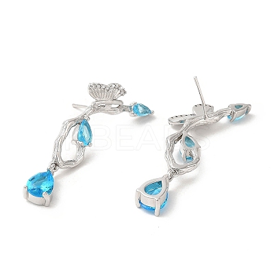 Sky Blue Cubic Zirconia Butterfly with Teardrop Dangle Sutd Earring EJEW-H092-02P-1