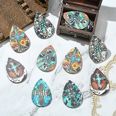 30pPcs 6 Colors Printed Cross Wood Big Pendants WOOD-YW0001-43-1