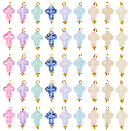90Pcs 9 Colors Cross Transparent Spray Paint Glass Pendants PALLOY-TAC0169-1