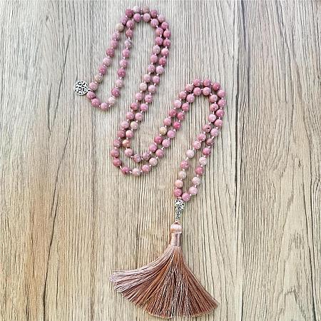 Natural Rhodonite Mala Prayer Round Beaded Wrap Necklaces with Long Tassel and Metal Tree of Life FS-WG93CBE-07-1