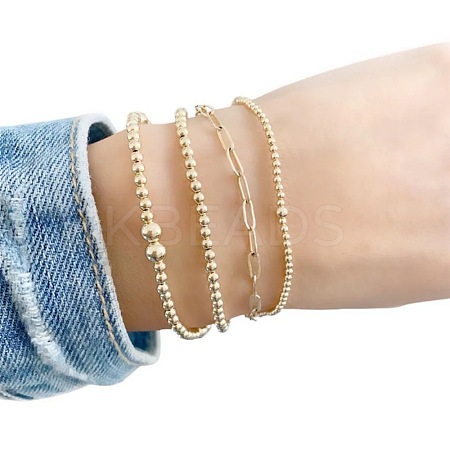 4Pcs Minimalist Brass Beads Stretch Bracelets & 304 Stainless Steel Paperclip Chain Bracelets Set for Women XV4057-1-1
