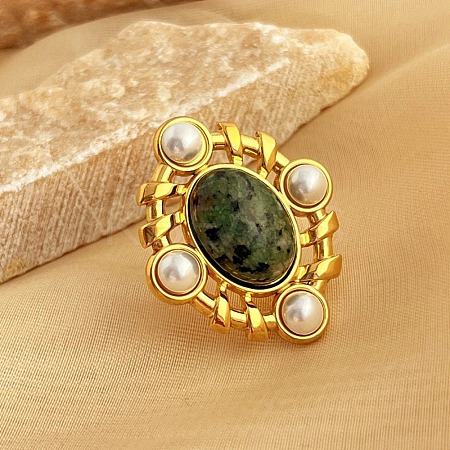 304 Stainless Steel with Natural Gemstone and Plastic Imitation Pearl Adjustable Cuff Rings for Women LS-RJEW-Z096-02G-02-1