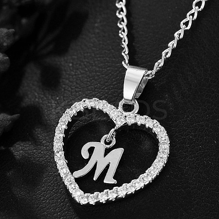Brass Micro Pave Clear Cubic Zirconia Hollow Heart with Initial Pendant Necklaces WG4069A-18-1