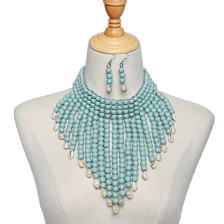 Alloy & Natural Shell & Wood Bead Necklaces & Dangle Earrings for Women FS-WG28A7F-04-1