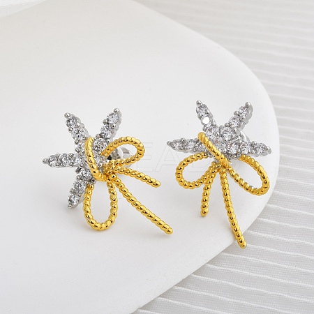 Bowknot Brass Micro Pave Cubic Zirconia Stud Earrings for Women EJEW-Q391-33PG-1