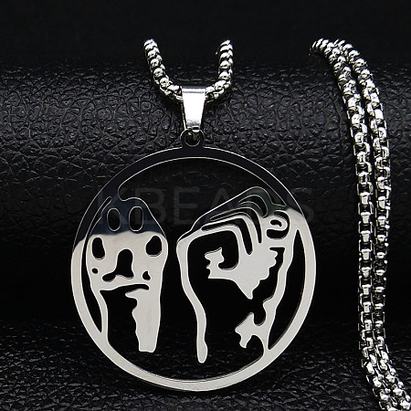 201 Stainless Steel Hollow Flat Round Animal Liberation Front Pendant Necklaces LS-NJEW-H065-20P-1