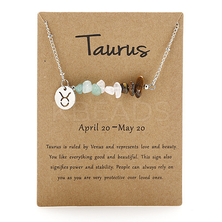 Natural Tiger Eye & Aquamarine & Quartz Crystal Chip & Alloy Constellation Pendant Necklaces WGB0CBC-03-1