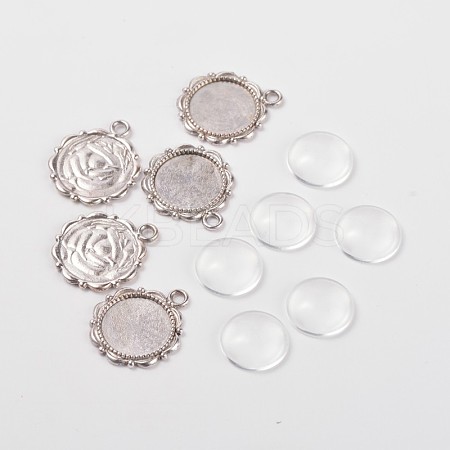 Flower Alloy Pendant Cabochon Settings and Half Round/Dome Clear Glass Cabochons DIY-X0221-AS-FF-1