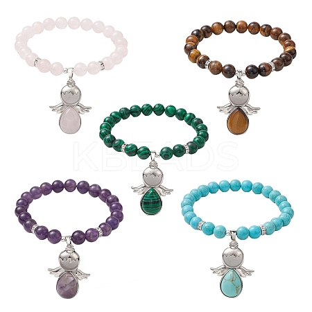 Natural & Synthetic Mixed Gemstone Stretch Bracelets with Angel Charms BJEW-JB11046-1