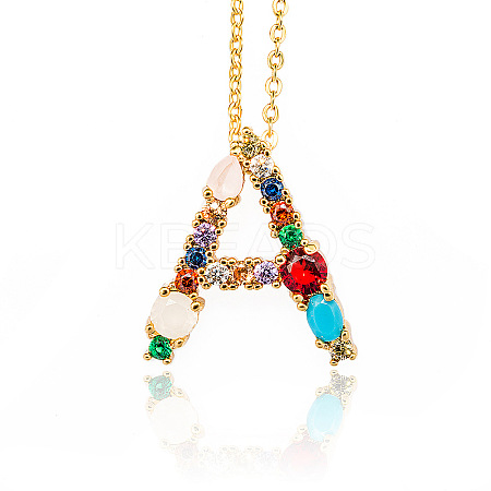 Golden Brass Micro Pave Cubic Zirconia Initial Pendants Necklaces NJEW-S069-JN002-A-1