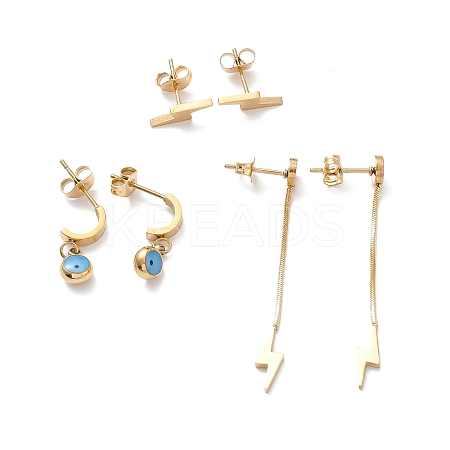 3 Pair 3 Style Enamel Evil Eye Dangle Stud Earrings EJEW-B020-16G-1