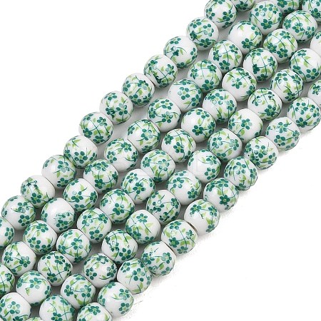 Handmade Flower Printed Porcelain Ceramic Beads Strands PORC-M005-6mm-07-1