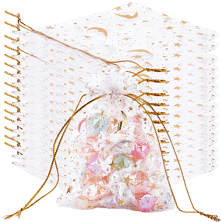 50Pcs Gold Stamping Moon & Star Organza Drawstring Gift Storage Bags OP-BBC0001-03A-01-1