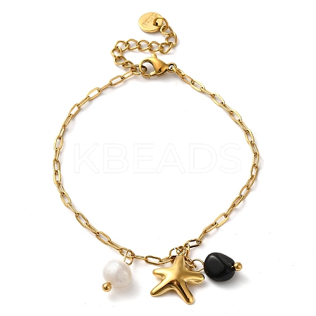 Natural Obsidian & Fresheater Pearl & Starfish Charm Bracelets BJEW-K237-06G-01-1