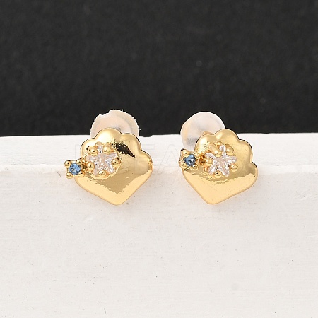 Brass Micro Pave Clear Cubic Zirconia Heart Stud Earrings EJEW-C158-12G-1