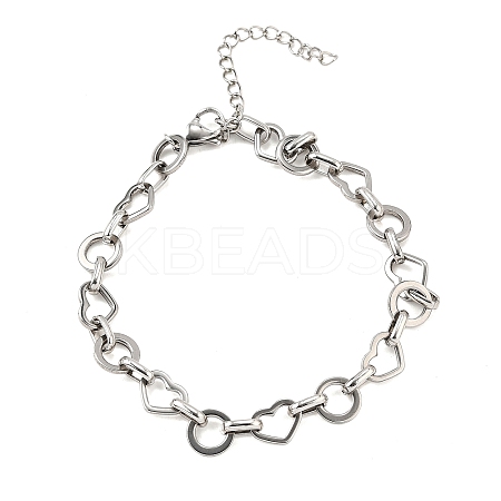 304 Stainless Steel Heart & Flat Round Link Bracelets for Men & Women BJEW-D042-24P-1