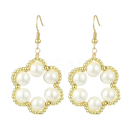 Flower Shell Pearl & Non-magnetic Synthetic Hematite Bead Dangle Earrings EJEW-JE05773-1