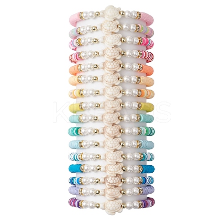 16Pcs 16 Colors Summer Beach Sea Turtle Synthetic Turquoise & Shell Pearl & Polymer Clay Beaded Stretch Bracelet Sets BJEW-JB10810-1