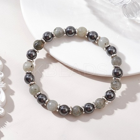 Non-Magnetic Synthetic Hematite & Natural Labradorite Beads Stretch Bracelets for Women Men BJEW-JB13404-1
