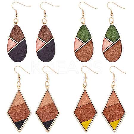 4 Pairs 4 Colors Natural Wood Teardrop & Rhombus Dangle Earrings EJEW-FI0001-46-1