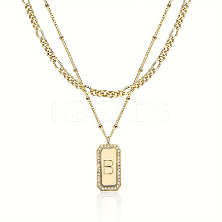 Brass Micro Pave Clear Cubic Zirconia Rectangle with Initial Pendant Double Layer Necklaces for Women FS-WG478B5-02-1