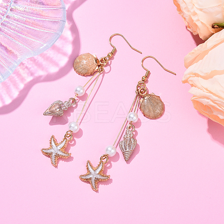 304 Stainless Steel Starfish with Shell Shape Dangle Earrings EJEW-YW00012-04-1