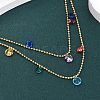 304 Stainless Steel Ball Chain Colorful Cubic Zirconia Flat Round Tassel Double Layer Necklaces for Women LS-NJEW-A051-05G-1