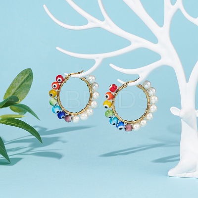 Shell Pearl & Evil Eye Lampwork Beaded Hoop Earrings EJEW-TA00115-1