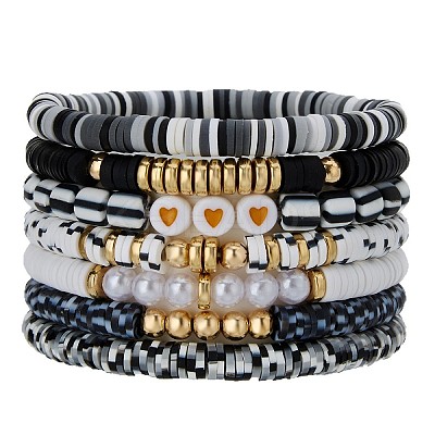 7Pcs Heart Pattern Polymer Clay & Plastic Pearl & CCB Plastic Beaded Stretch Bracelet Set for Women FS-WG634BB-14-1