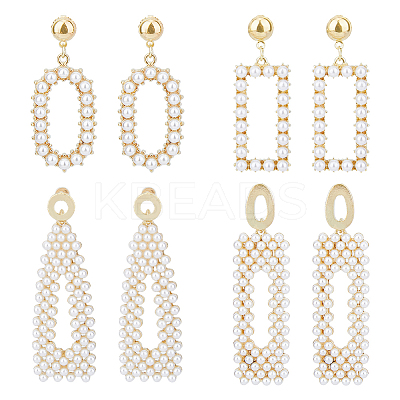 4 Pairs 4 Style Golden Alloy Geometry Dangle Stud Earrings with Plastic Imitation Pearl Beaded for Women EJEW-FI0002-57-1