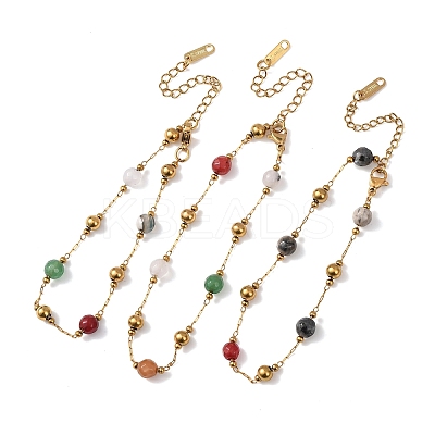 Natural Agate & Dyed Jade Round Beaded Link Bracelets BJEW-G774-02G-1