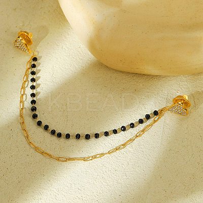 304 Stainless Steel Micro Pave Clear Cubic Zirconia & Dyed Black Stone Heart Hanging Chain Brooch JEWB-S021-06G-1