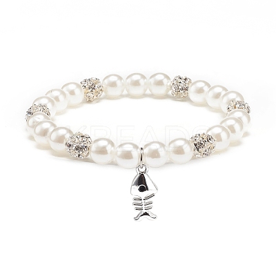 ABS Plastic Imitation Pearl  & Rhinestone Beaded Stretch Bracelet with Alloy Charm for Women BJEW-JB08526-04-1