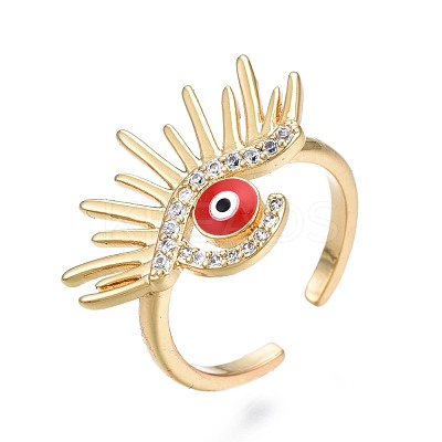 Clear Cubic Zirconia Evil Eye Wide Open Cuff Ring with Enamel for Women RJEW-N035-098B-1