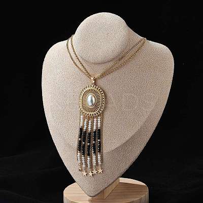 Bohemian 304 Stainless Steel & Imitation Pearl Oval Pendant Necklaces NJEW-Z061-10G-02-1