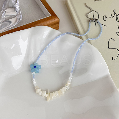 Sweet Summer Beach Shell Blue Flower & Imitation Pearl Beaded Necklaces for Women UT5700-1
