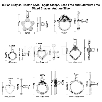 80Pcs 8 Styles Tibetan Style Toggle Clasps TIBEB-CJ0001-28-1