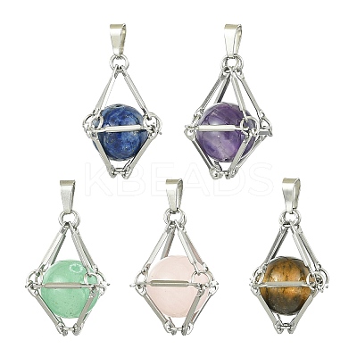 Natural Mixed Gemstone Stainless Steel Wrapped Pendants PALLOY-JF02497-1
