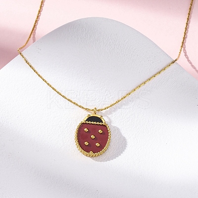 304 Stainless Steel Dark Red Enamel Ladybug Pendant Boston Link Chain Necklaces for Women NJEW-U032-07G-02-1