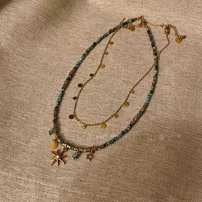 2pcs Star Moon Flat Round Alloy & Resin Imitation Gems Beaded Pendant Necklaces WG39DA0-03-1