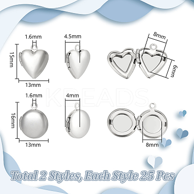 50Pcs 2 Styles 316 Surgical Stainless Steel Locket Pendants STAS-UN0062-31-1