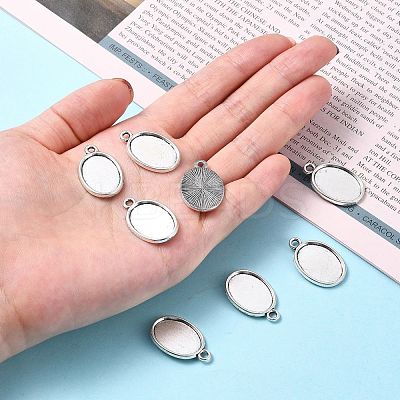 Tibetan Style Antique Silver Alloy Flat Oval Pendant Cabochon Settings TIBEP-M022-36AS-1