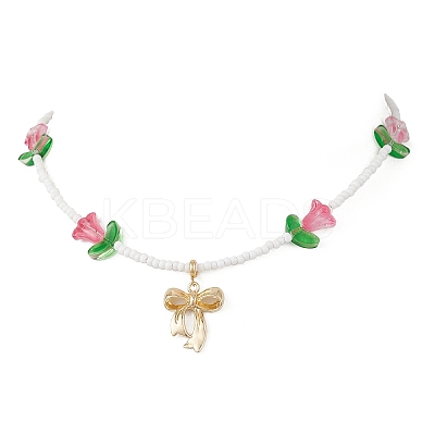 Alloy Bowknot Pendant Tulip Flower Glass Seed Beaded Necklaces for Women NJEW-MZ00148-02-1