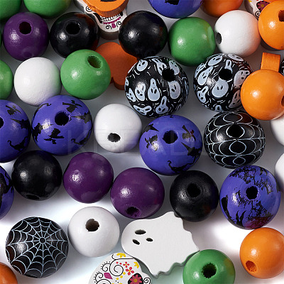 17 Style Painted Natural Wood Beads WOOD-KS0001-17-1