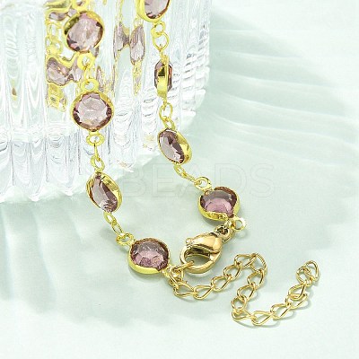 304 Stainless Steel Flat Round Acrylic Rhinestone Cup Chain Anklets for Women AJEW-B031-02G-01-1