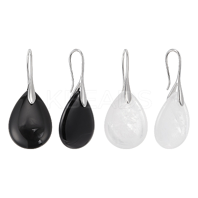 2 Pairs 2 Style Natural Quartz Crystal & Dyed & Heated Black Agate Teardrop Dangle Earrings with Brass Pins for Women EJEW-AN0004-41-1