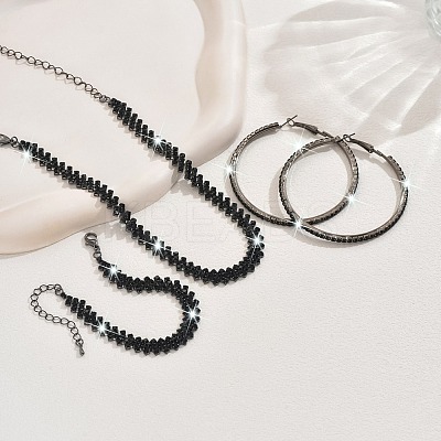 Alloy with Jet Rhinestone Chain Necklace & Hoop Earring & Bracelet FS-WG9D127-02-1