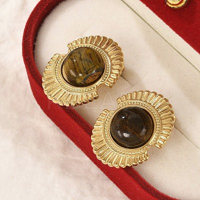 304 Stainless Steel Natural African Turquoise(Jasper) Stud Earrings EJEW-G421-02G-02-1